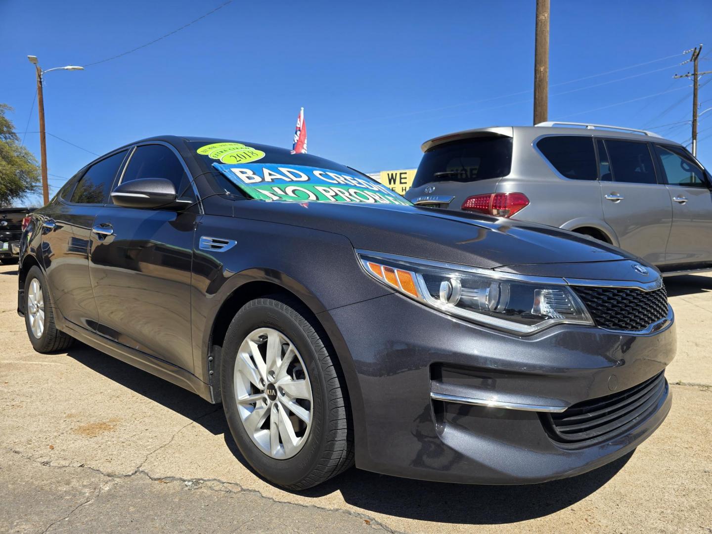 2018 GRAY Kia Optima LX (KNAGT4L38J5) with an 2.4L L4 DOHC 16V engine, 6A transmission, located at 2660 S.Garland Avenue, Garland, TX, 75041, (469) 298-3118, 32.885551, -96.655602 - Photo#0